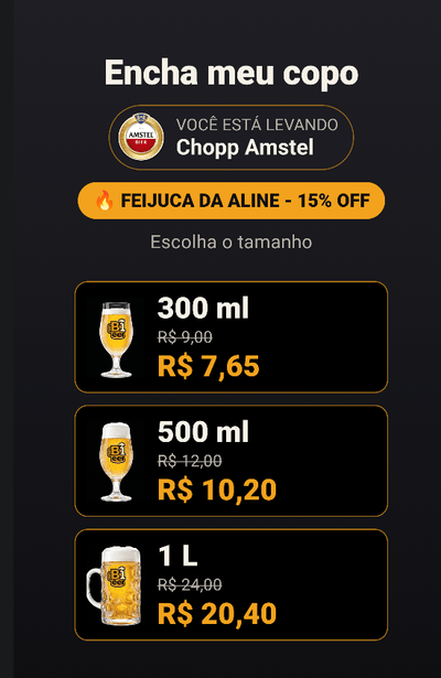 Tela da máquina mostrando as opções de 300 ml, 500 ml e 1 litro com os respectivos preços.